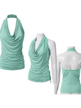 Pastel mint green draped cowl neck halter top stretchy Sz L